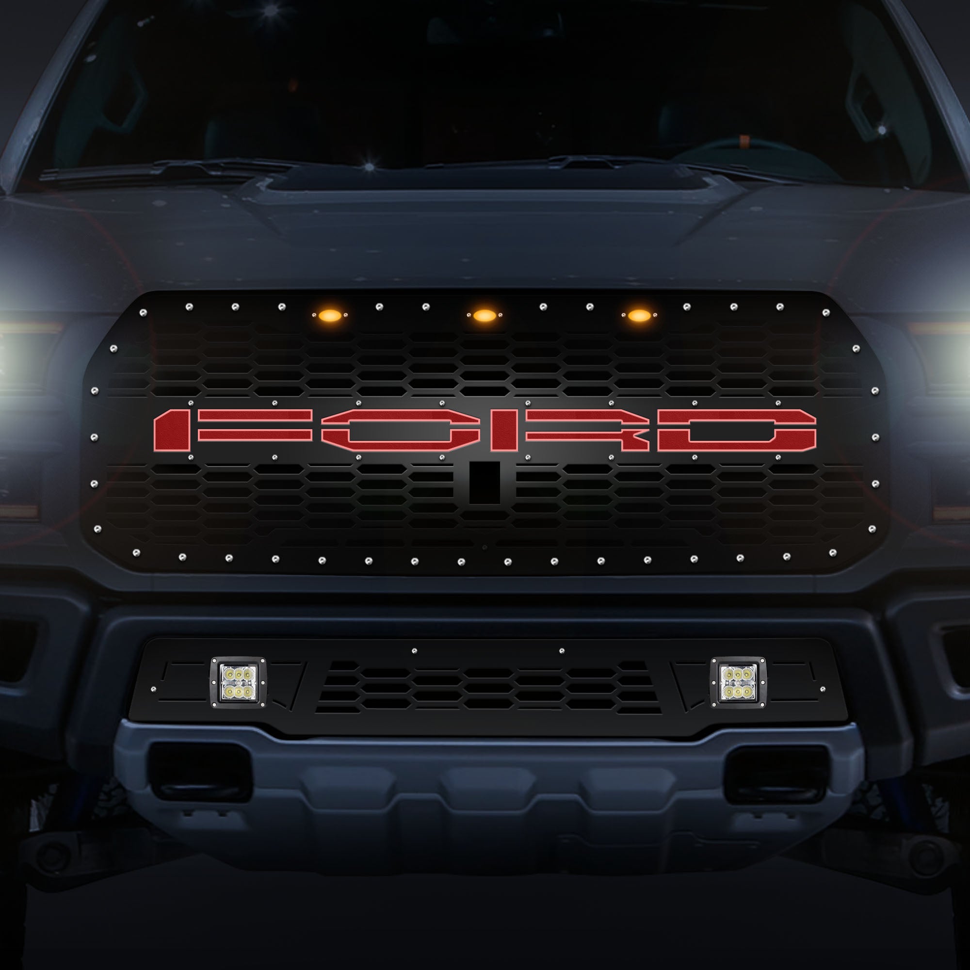 1 Piece Steel Grille for Ford Raptor SVT 2017-2020 - FORD RED LED X-LI ...