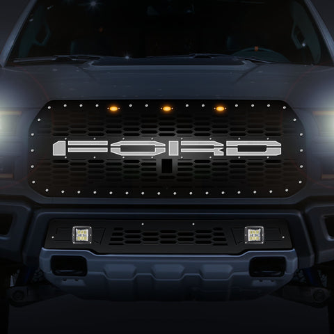 1 Piece Steel Grille for Ford Raptor SVT 2017-2020 - FORD WHITE LED X-LITE