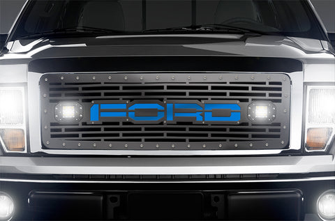 1 Piece Steel Grille for Ford F150 2009-2014 - FORD + LED Light Pods + Blue Acrylic