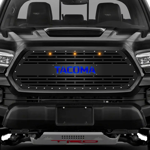 1 Piece Steel Grille for Toyota Tacoma 2016-2017 - TACOMA V1 w/ BLUE ACRYLIC UNDERLAY + 3 AMBER RAPTOR LIGHTS
