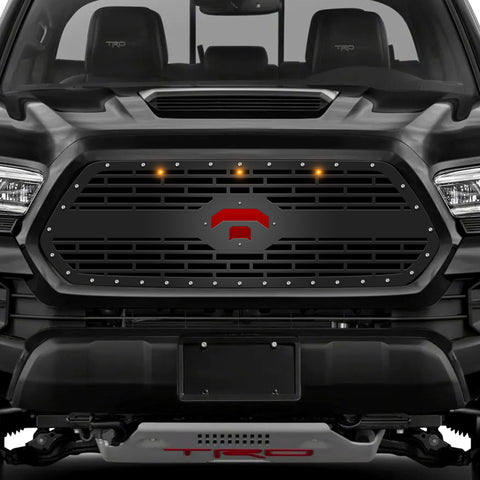 1 Piece Steel Grille for Toyota Tacoma 2016-2017 - TOYOTA EMBLEM w/ RED ACRYLIC UNDERLAY + 3 AMBER RAPTOR LIGHTS