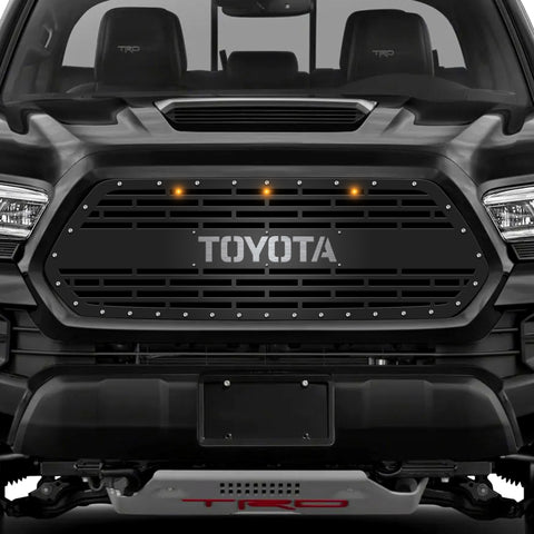 1 Piece Steel Grille for Toyota Tacoma 2016-2017 - TOYOTA V2 w/ STAINLESS STEEL UNDERLAY + 3 AMBER RAPTOR LIGHTS