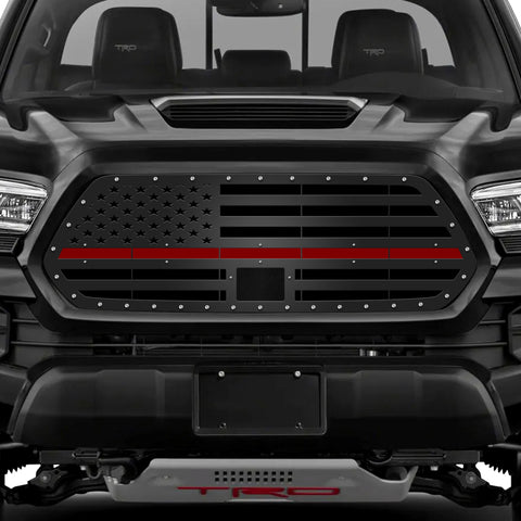 1 Piece Steel Pro Style Grille for Toyota Tacoma 2018-2022- STRAIGHT AMERICAN FLAG w/ RED ACRYLIC UNDERLAY