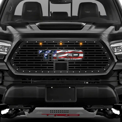 1 Piece Steel Pro Style Grille for Toyota Tacoma 2018-2022 - TRD w/ AMERICAN FLAG VINYL UNDERLAY + 3 AMBER RAPTOR LIGHTS
