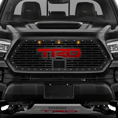 1 Piece Steel Pro Style Grille for Toyota Tacoma 2018-2022 - TRD w/ RED ACRYLIC UNDERLAY + 3 AMBER RAPTOR LIGHTS