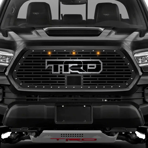 1 Piece Steel Pro Style Grille for Toyota Tacoma 2018-2022 - TRD w/ 3 AMBER RAPTOR LIGHTS + SS Accent