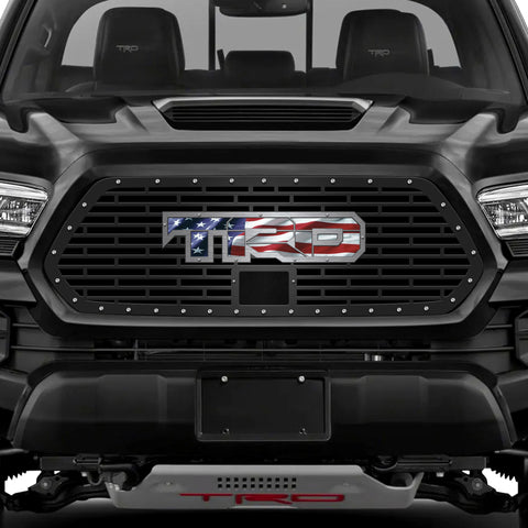 1 Piece Steel Pro Style Grille for Toyota Tacoma 2018-2022 - TRD w/ AMERICAN FLAG VINYL UNDERLAY + SS Accent