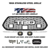 1 Piece Steel Pro Style Grille for Toyota Tacoma 2018-2022 - TRD w/ AMERICAN FLAG VINYL UNDERLAY + LED Light Pods