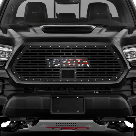 1 Piece Steel Pro Style Grille for Toyota Tacoma 2018-2023 - TOYOTA V1 w/ AMERICAN FLAG VINYL UNDERLAY