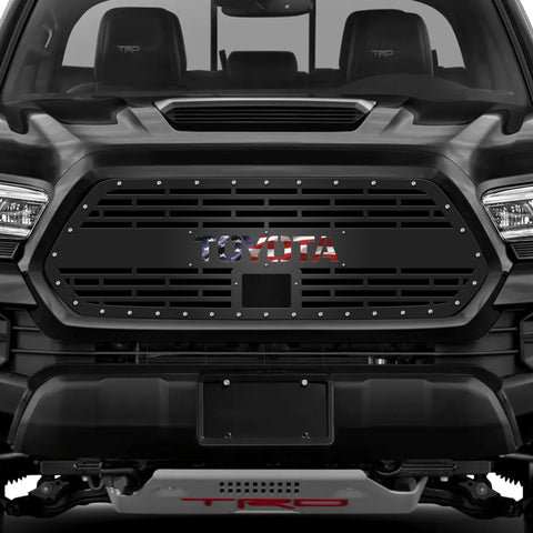 1 Piece Steel Pro Style Grille for Toyota Tacoma 2018-2023 - TOYOTA V2 w/ AMERICAN FLAG VINYL UNDERLAY